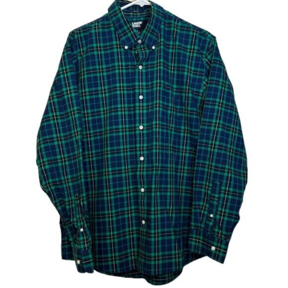 Lands' End Plaid Green/Black/Blue Checker Casual Button Down L/S Shirt Large EUC